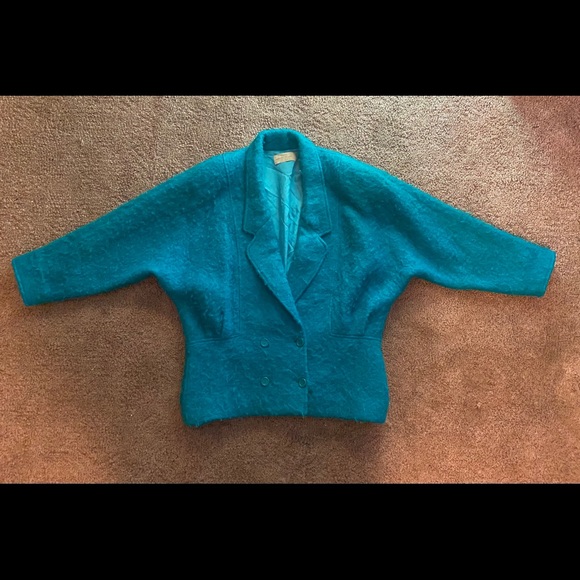 Vintage 80’s fuzzy wool batwing teal jacket - Picture 4 of 10